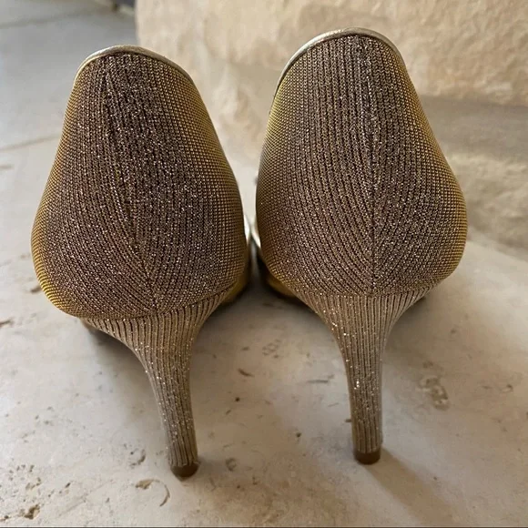 Kelly & Katie Peep Toe Open Side Wedding Gold Silver Sparkle Heels SZ 6 - Picture 5 of 8